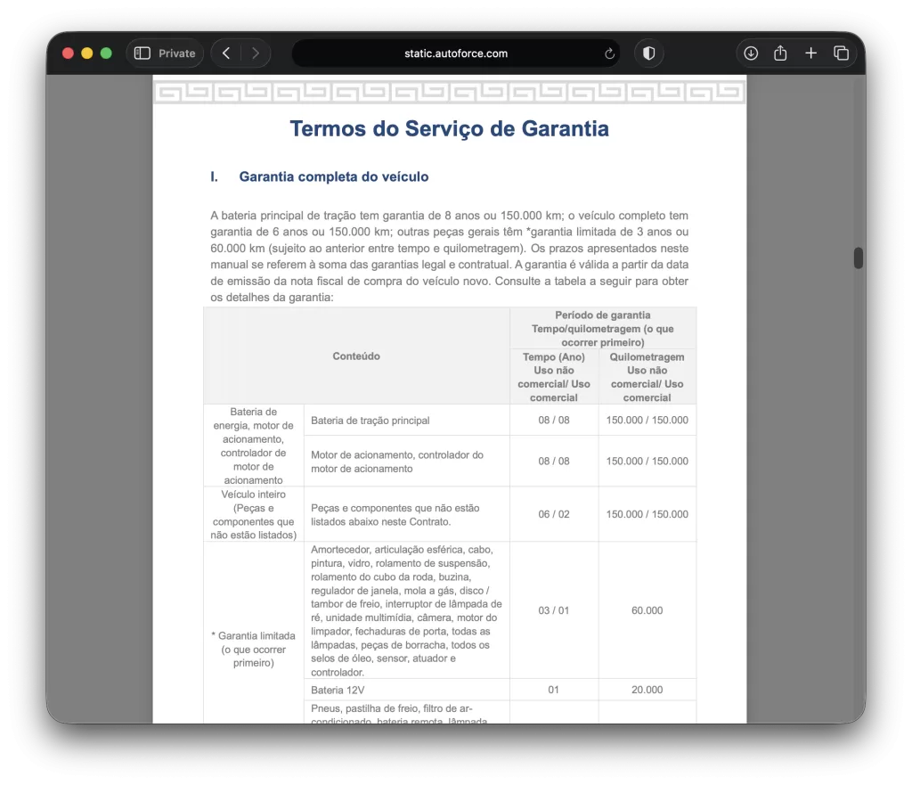 Termos de Garantia Geely EX2